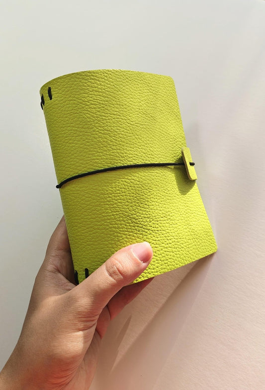 A6 Italian Leather Journal Cover – Hand - Painted Interior | Neon Chartreuse Travel Notebook | Refillable Artisan Sketchbook - FORMA & FOLIO