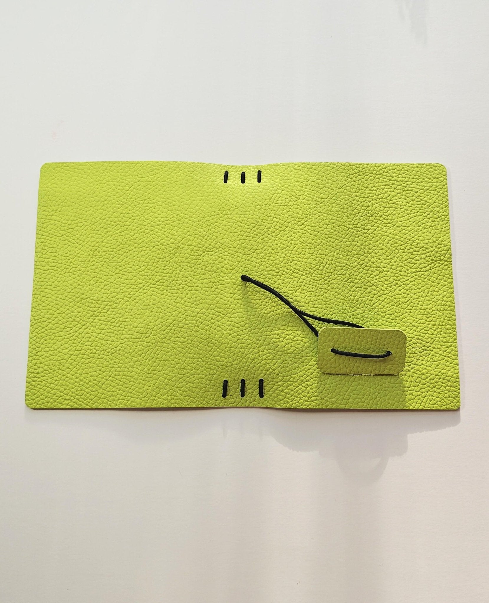 A6 Italian Leather Journal Cover – Hand - Painted Interior | Neon Chartreuse Travel Notebook | Refillable Artisan Sketchbook - FORMA & FOLIO